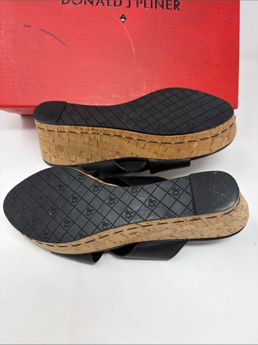 Donald J. Pliner Black Leather Cork Wedge Slide Sandals Size 7